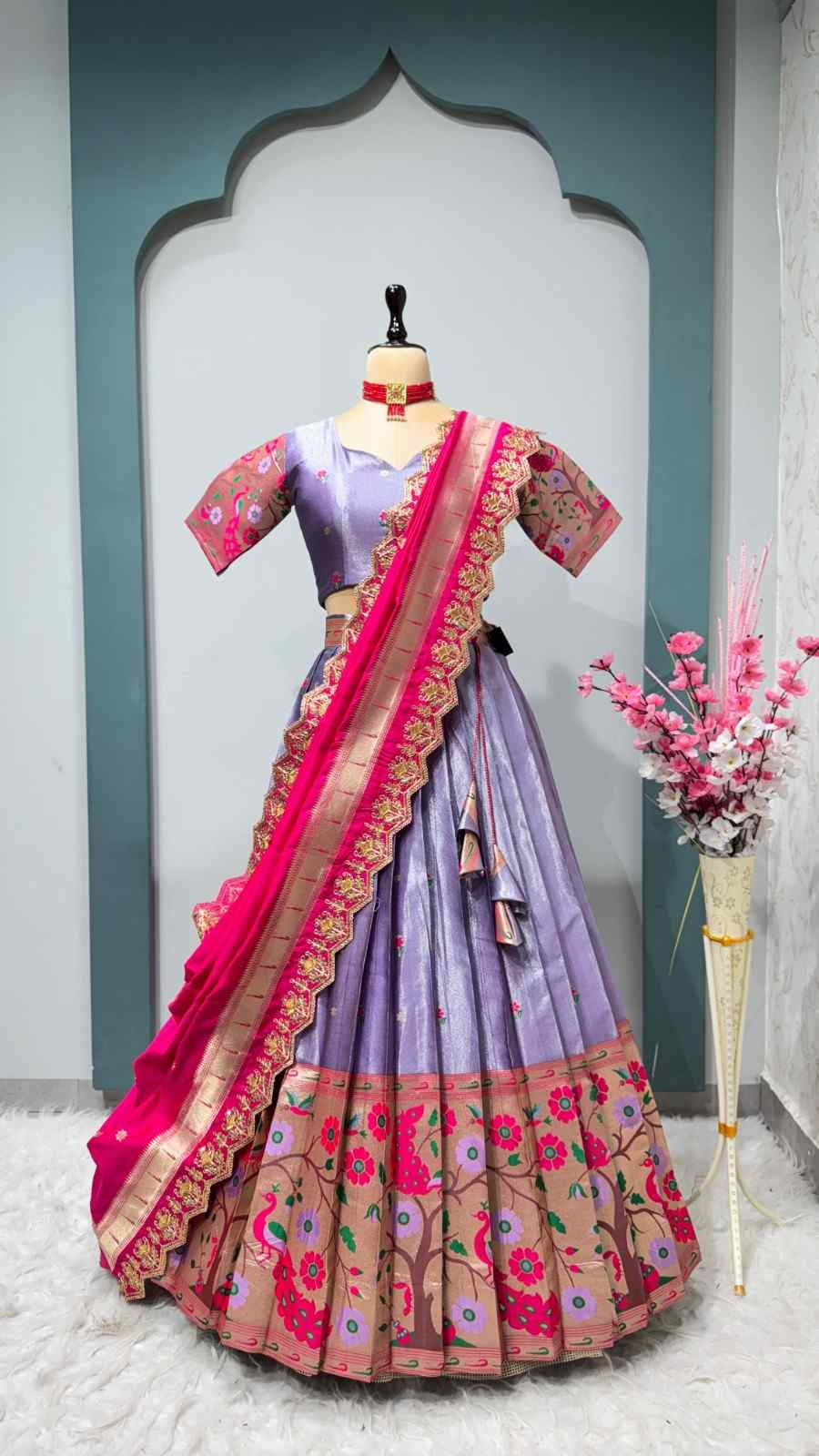 Fancy two-tone tissue silk lehenga with Paithani border – Arhas Couture