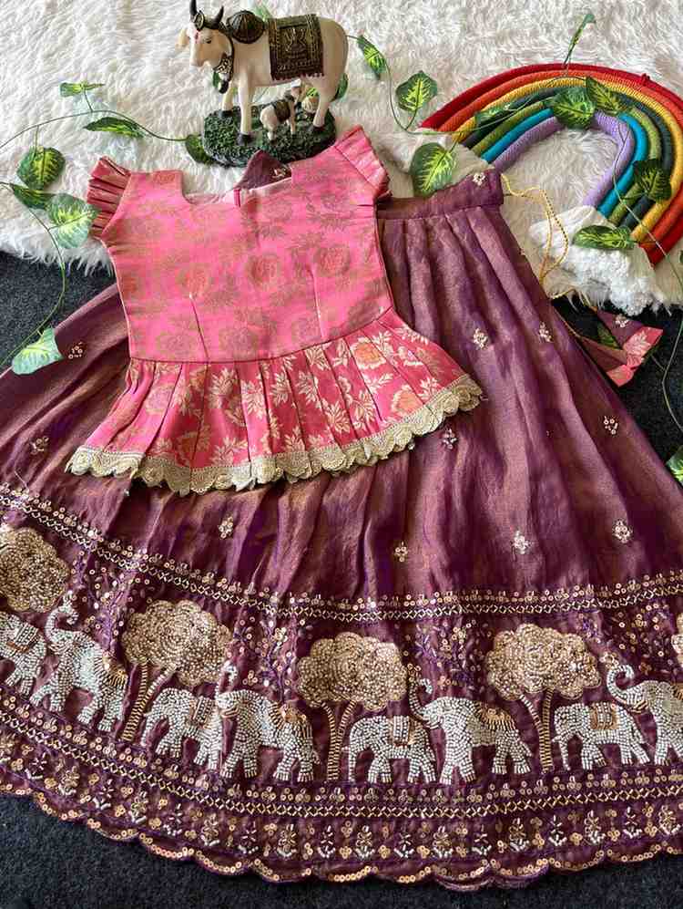 Kids Moss satin lehenga – pink – Arhas Couture