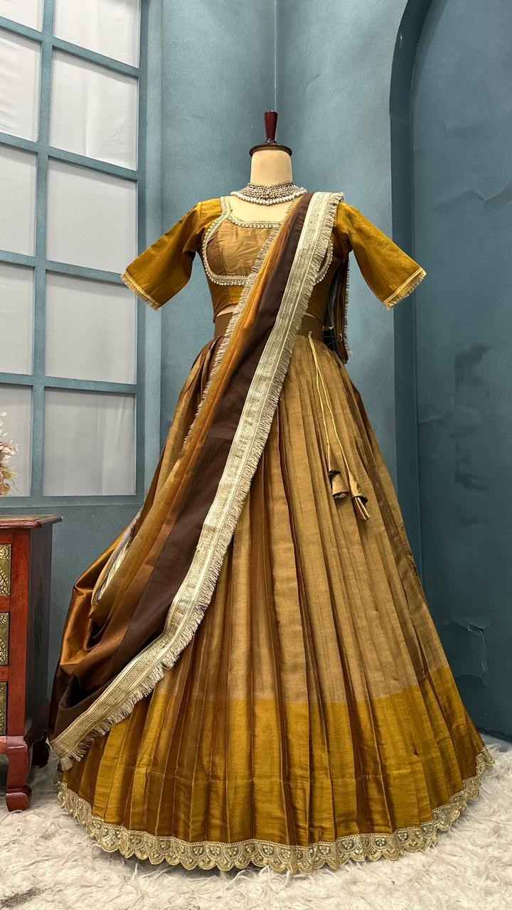 Fancy Viscose tissue silk lehenga with pearl blouse and fringe dupatta – Arhas Couture
