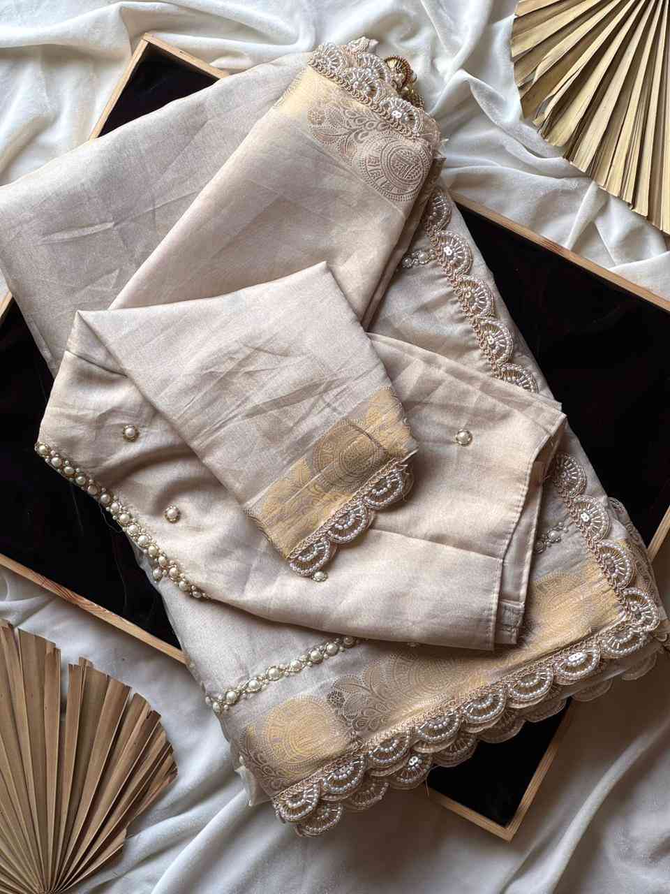 Fancy soft tissue saree with full handwork and rich tassels – Arhas Couture