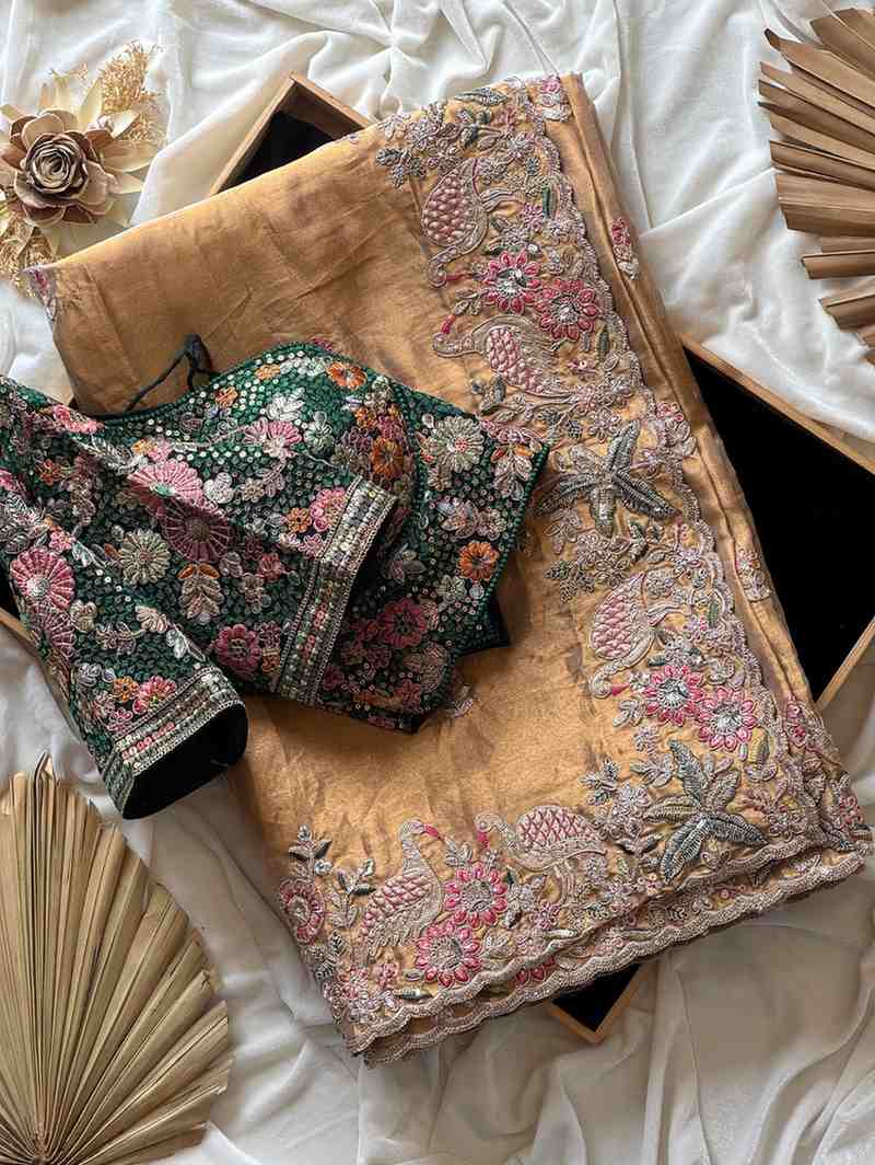 Fancy nylon tissue crepe saree with sequins and coding handwork – Arhas Couture