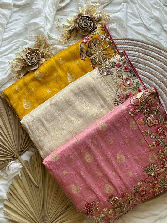 Fancy multi-sequence Dola silk saree with coding work – Arhas Couture
