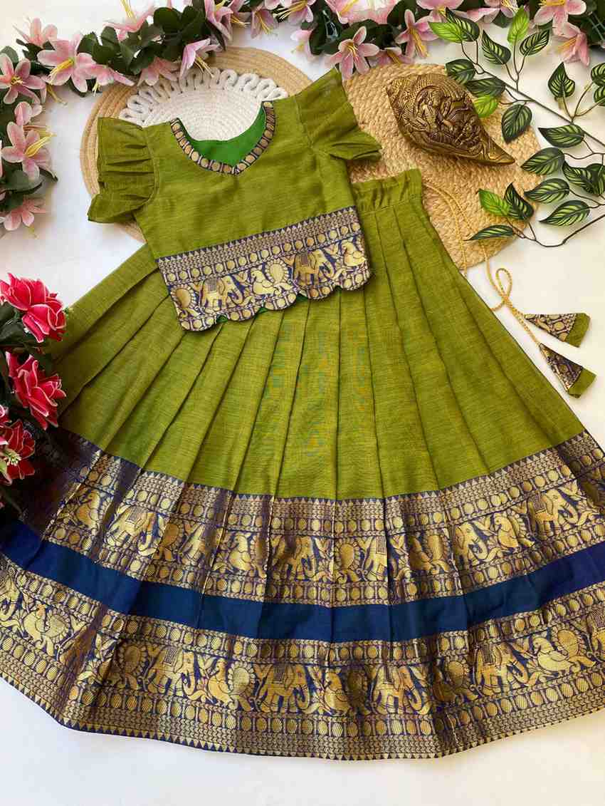 Kids Narayanpet lehenga – green – Arhas Couture