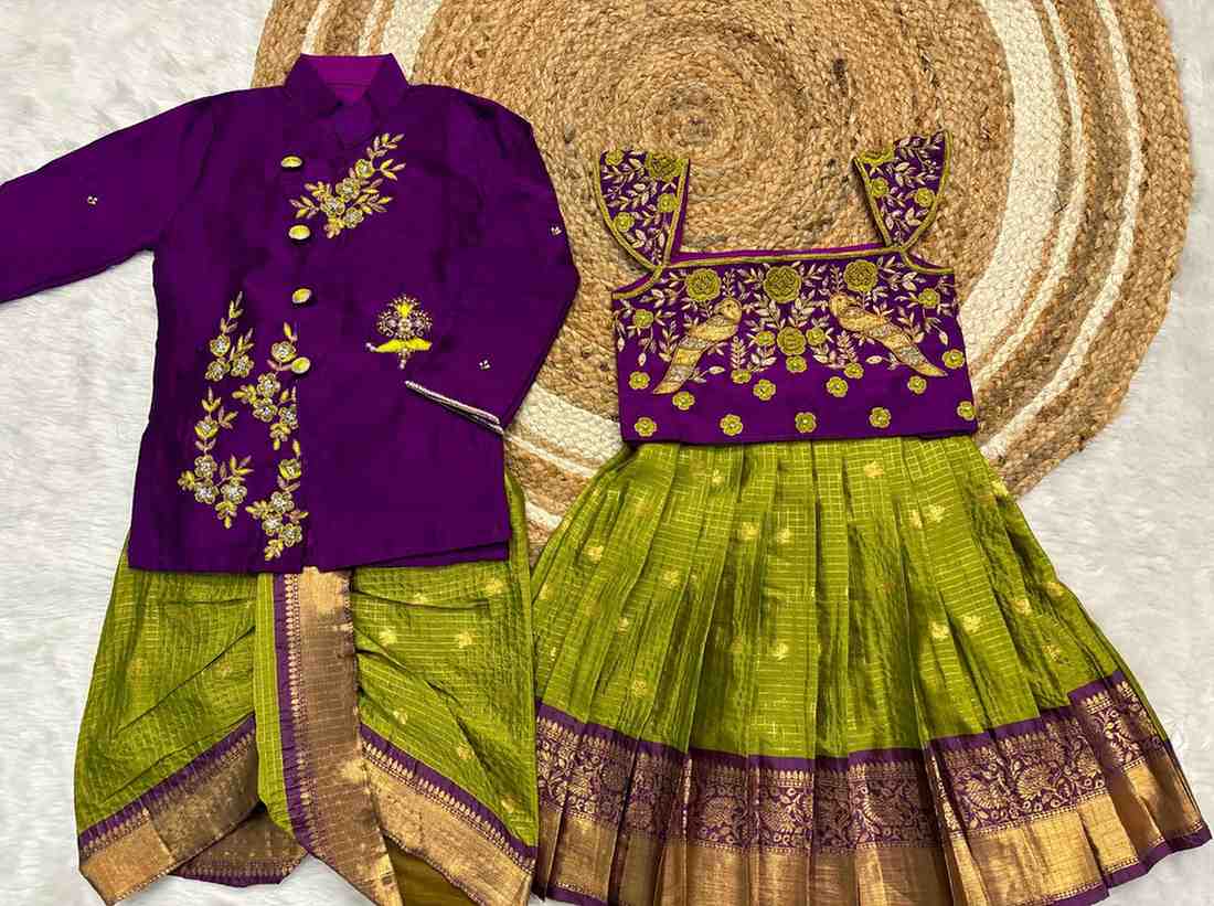 Soft semi Kanchi family outfit – colour 1 – Arhas Couture
