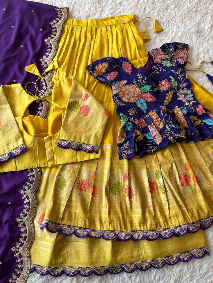 Tissue silk Mom-daughter lehenga combo – Yellow, Purple, Pink – Arhas Couture