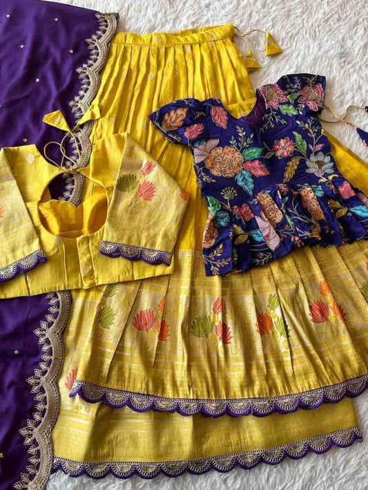 Tissue silk Mom-daughter lehenga combo – Yellow, Purple, Pink – Arhas Couture