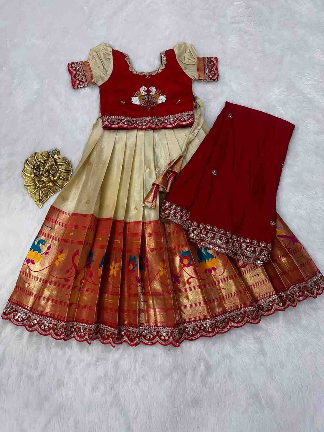 Kids Paithani lehenga – white – Arhas Couture