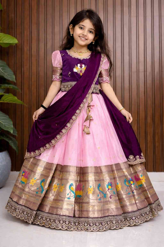 Kids Paithani shimmer silk lehenga – Pink, Green, Yellow, White – 1 to 15 years – Arhas Couture