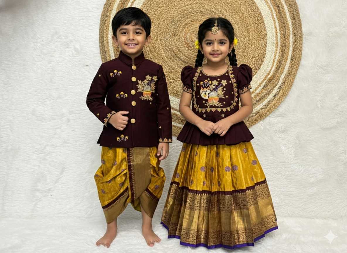 Semi Kanchi maggam family outfit – girls and boys – 6 months to 15 years – Arhas Couture