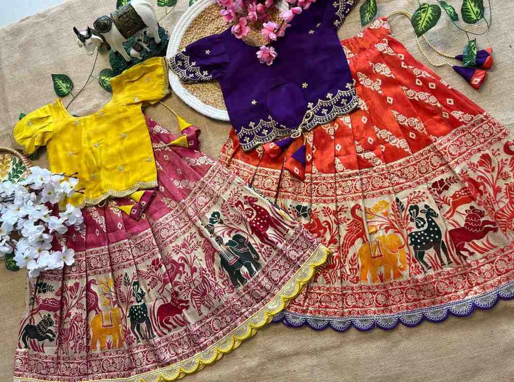 Kids Banarasi tissue silk lehenga – Yellow, Purple – 1 to 15 years – Arhas Couture