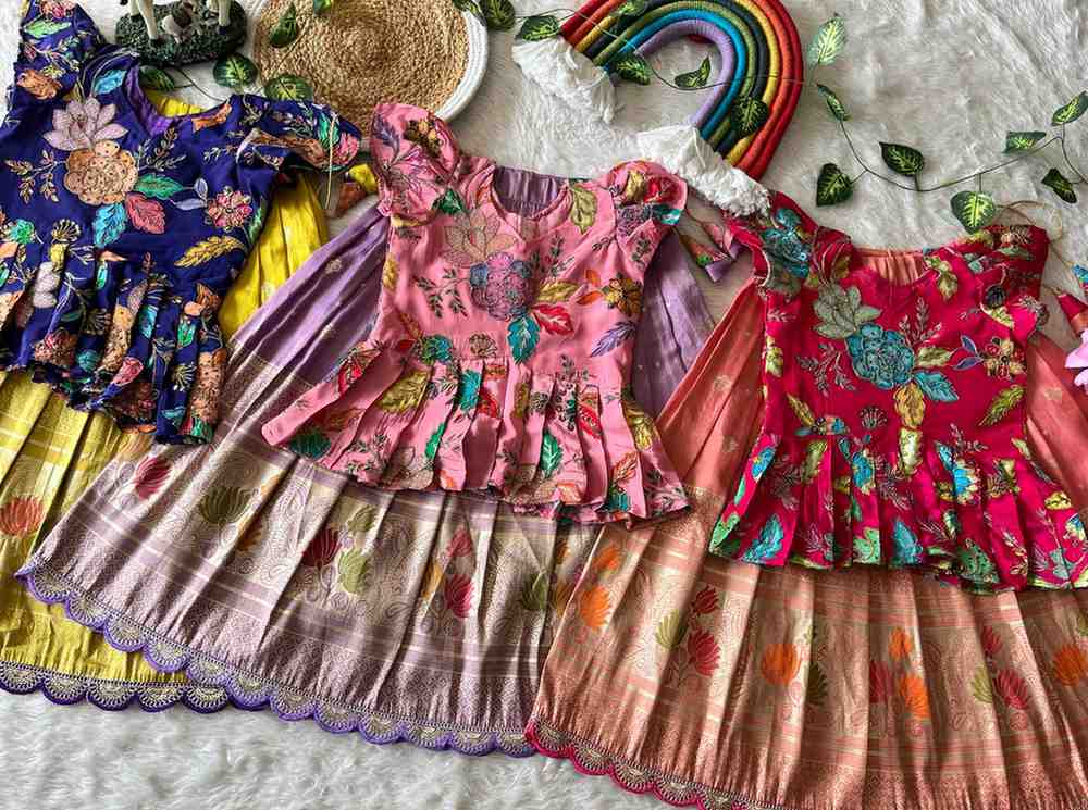 Kids tissue silk lehenga – Yellow, Purple, Orange – 1 to 15 years – Arhas Couture