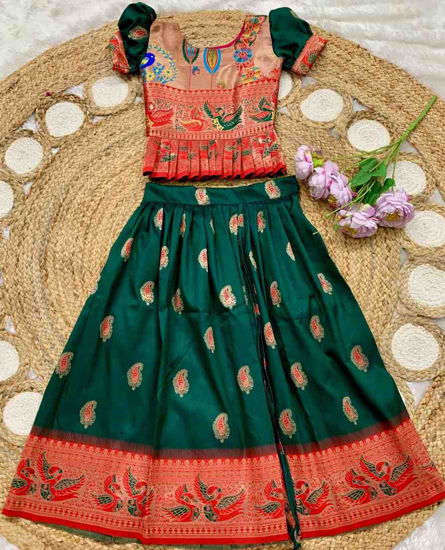 Kids Paithani lehenga – dark green – Arhas Couture