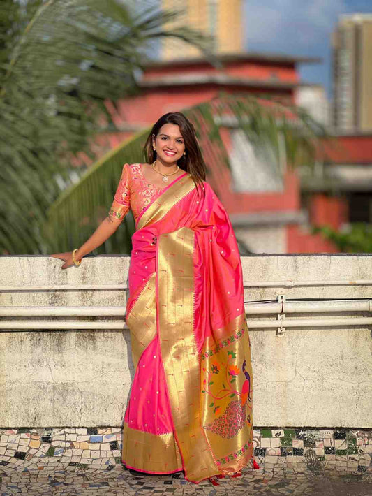 Fancy soft Paithani silk saree with Meenakari weaving and muniya border – Arhas Couture