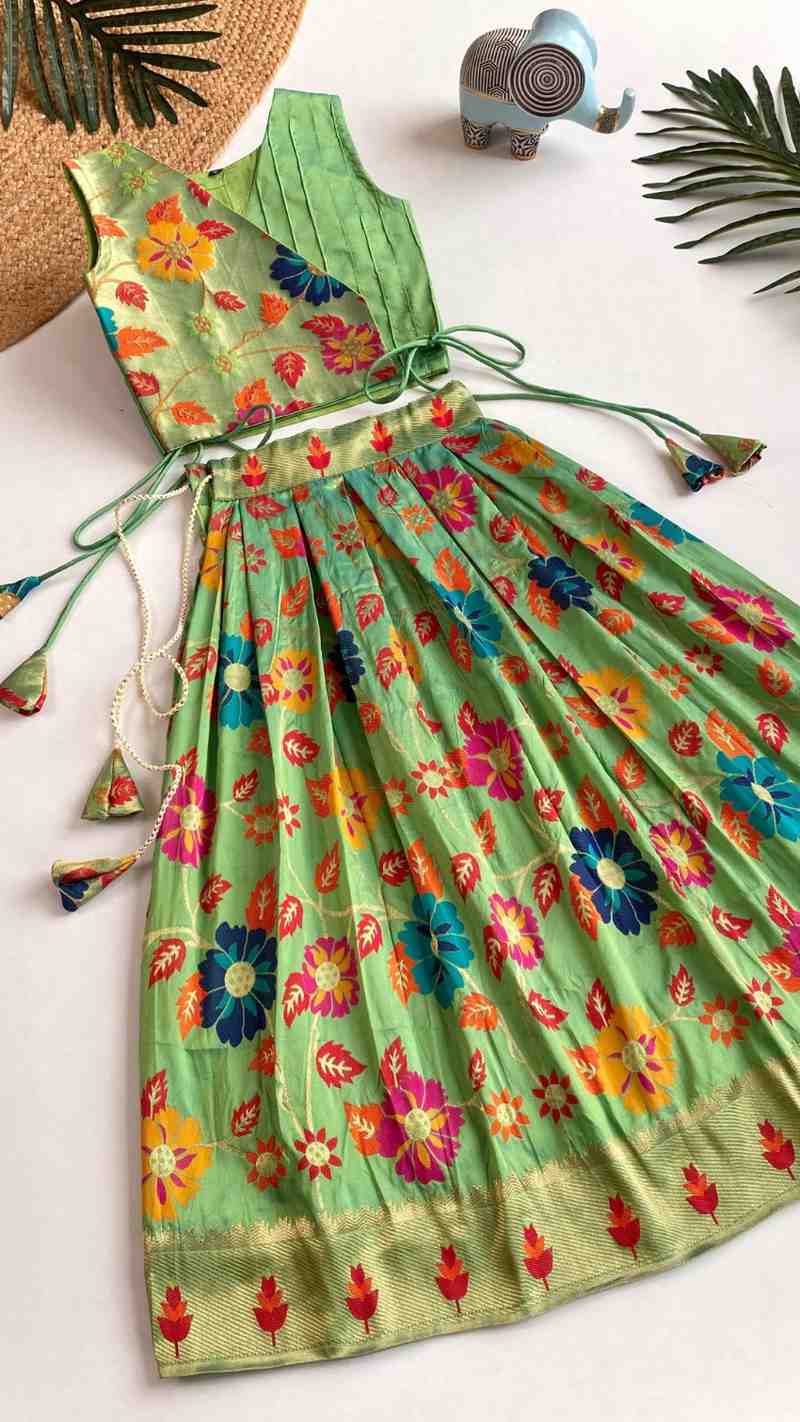 Kids silk blend lehenga – light green – Arhas Couture
