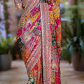 Fancy Chinnon Ajrakh multi-colour saree with kundan and mirror work – Arhas Couture