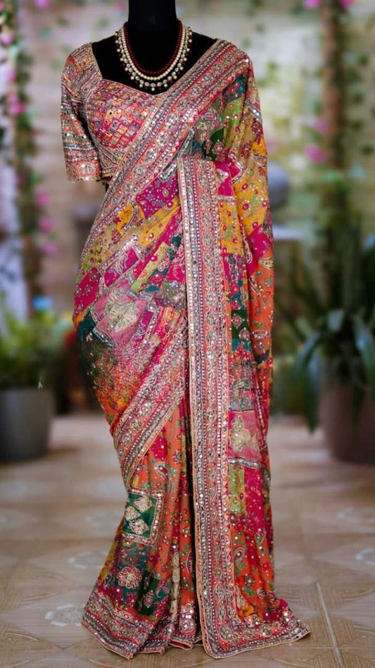 Fancy Chinnon Ajrakh multi-colour saree with kundan and mirror work – Arhas Couture
