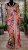 Fancy Chinnon Ajrakh multi-colour saree with kundan and mirror work – Arhas Couture