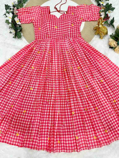 Fancy Mul Chanderi checks print midi gown – Arhas Couture