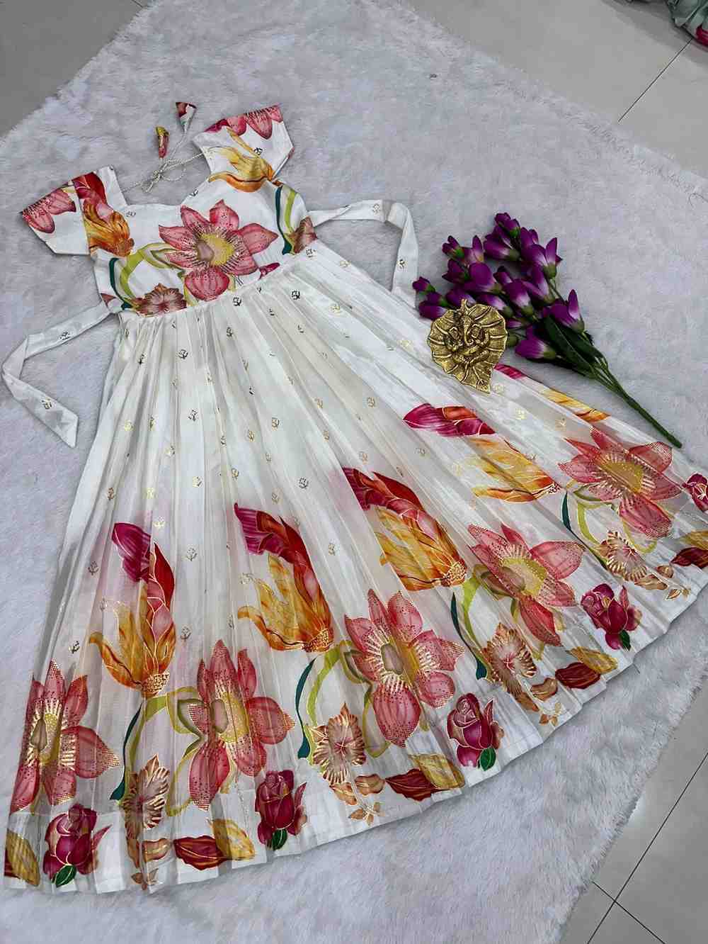 Fancy digital foil print silk gowns by Arhas Couture